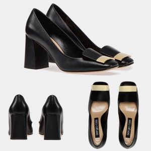 Sergio Rossi SR1 80 Leather Square Toe Pump w Gold Plate in Black